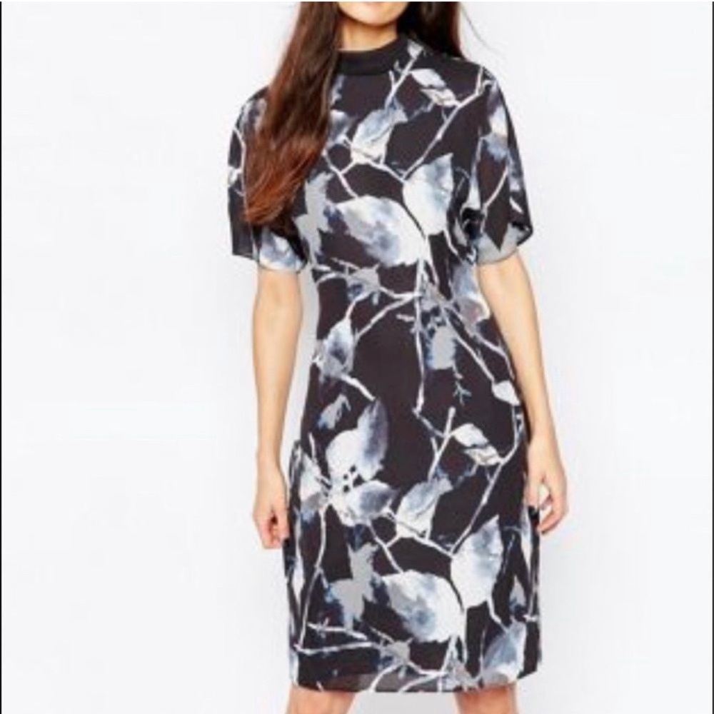 Reiss Sz 10 Becca High Mock Neck drape silky floral dress business casual